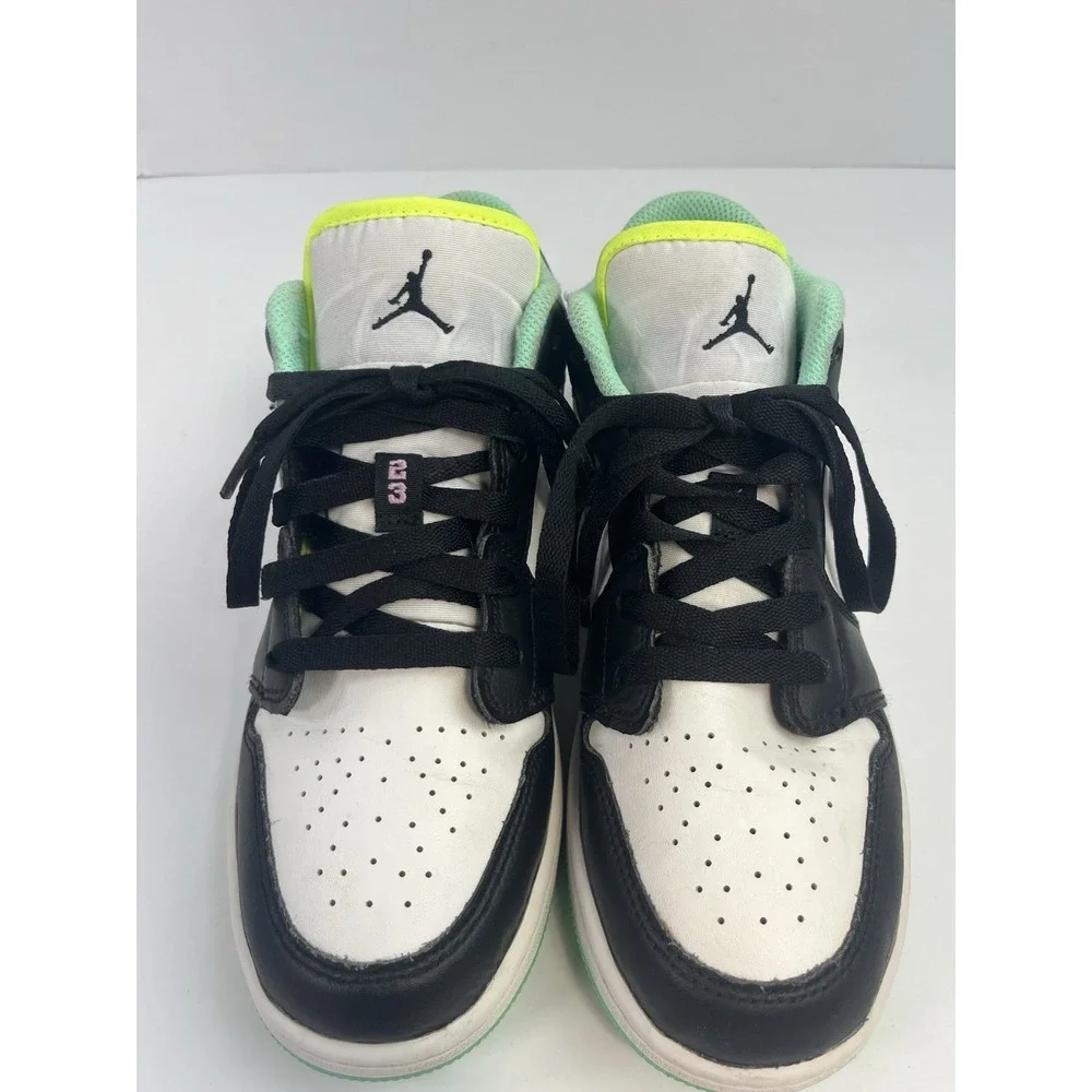 Jordan 1 Low Green Glow Violet Shock Gym Sneakers Youth GS 6Y - Women's Size 7.5